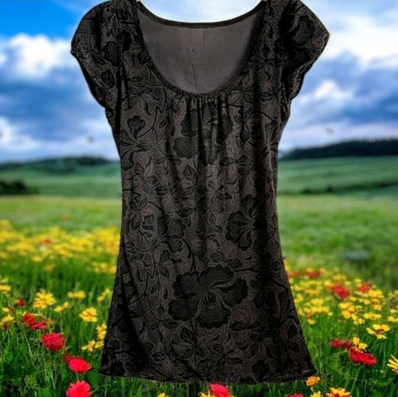 Vintage Y2K Express Cap Sleeve Floral Scoop Neck Sheer Arm. Sz. L - Picture 4 of 5